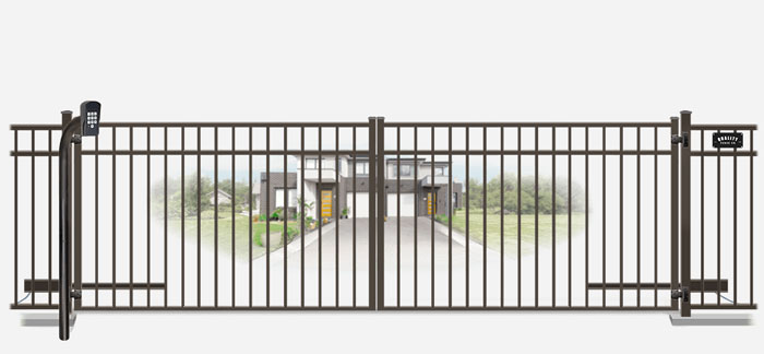 Metal swinging estate gate in closed position