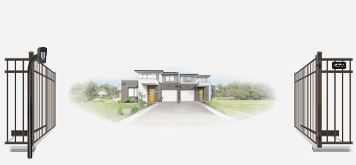 Metal swinging estate gate in open position