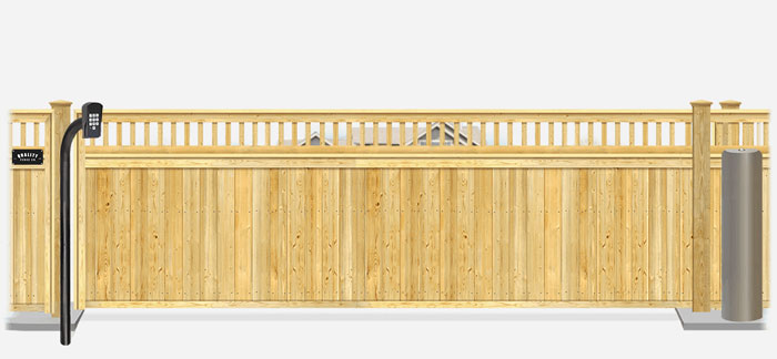 Wood sliding estate gate in closed position