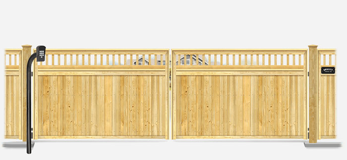 Wood swinging estate gate in closed position