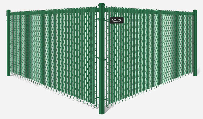 Green chain link fence with green privacy slats in Dallas-Fort Worth Metroplex